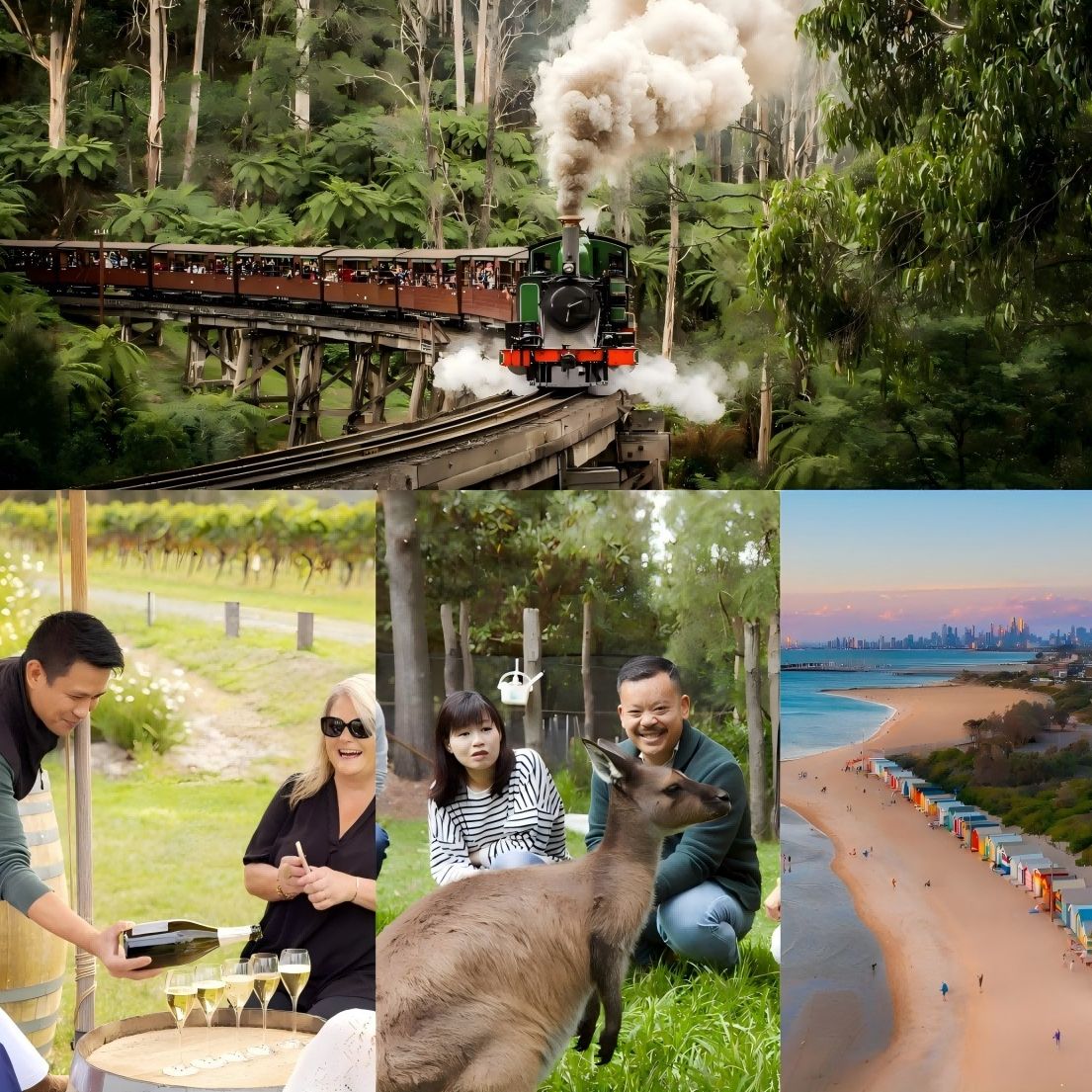 Melbourne Puffing Billy Steam Train & Healesville Sanctuary & Yarra Valley Winery & Brighton Beach Tour (English-Speaking Guide/Exclusive for WCBIP 2026)